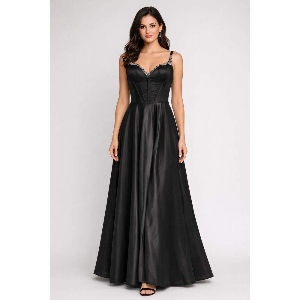 Formal Satin Evening Gown Women Size 4 Black Spaghetti Strap Prom Dress Flare